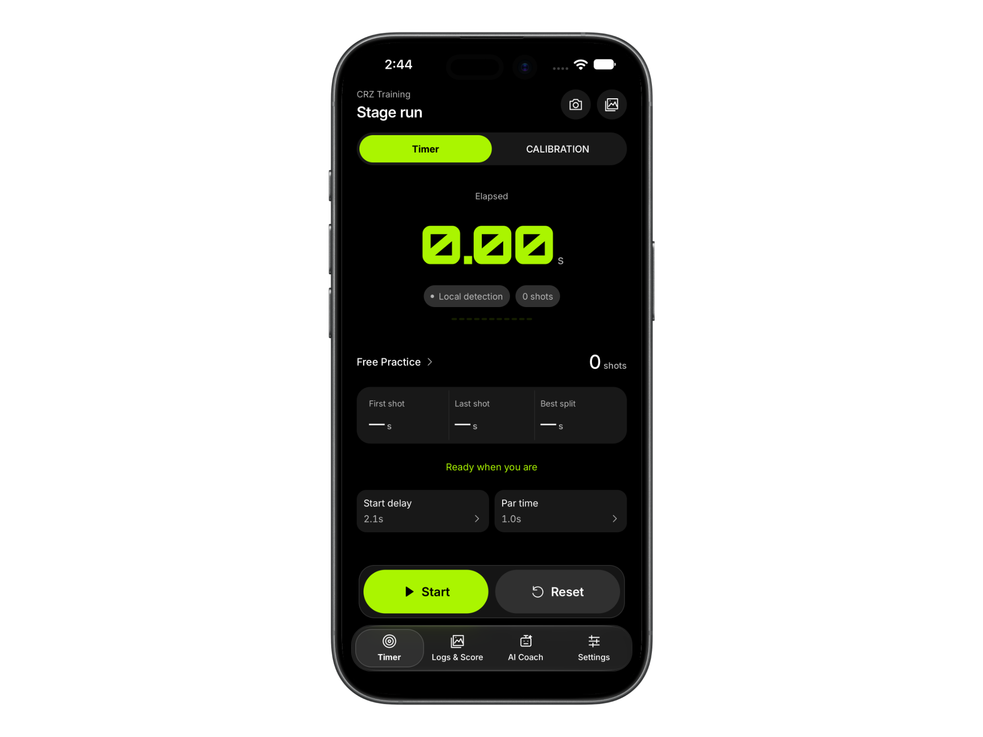 CRZ Training stage run timer with start and reset controls.